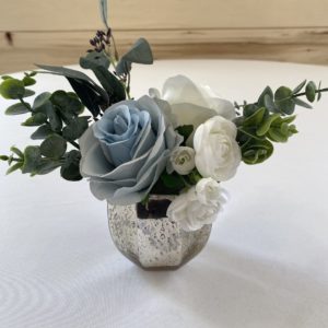 olivia mini arrangement, blue and white flowers, eucalyptus greenery, gold metallic vase
