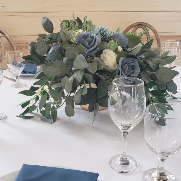 olivia silk floral petite arrangement, blue and white flowers, eucalyptus greenery