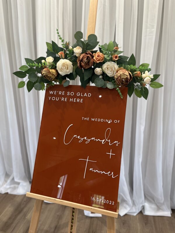 Personalized, Terra Cotta Plexiglass Welcome Signage, Silk Floral Easel Arrangement