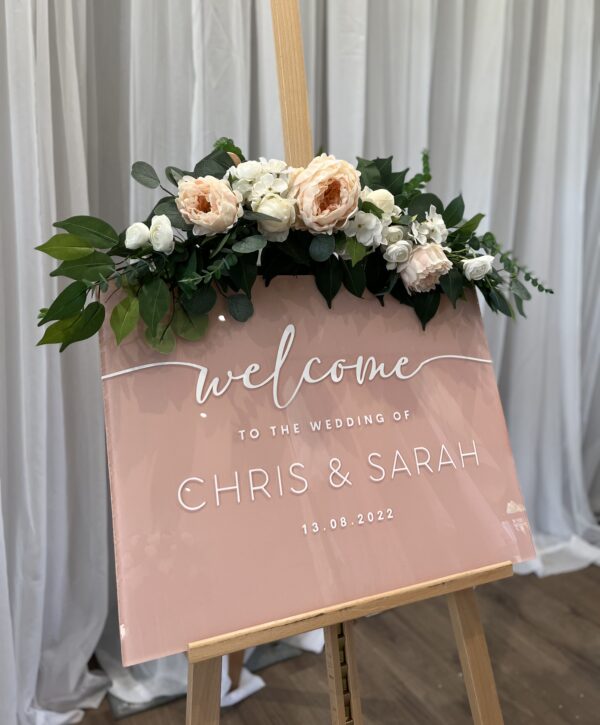 Personalized, Dusty Rose plexiglass welcome signage, silk floral easel arrangement