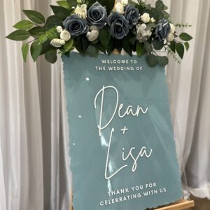 Personalized, Dusty Blue plexiglass welcome signage, silk floral easel arrangement