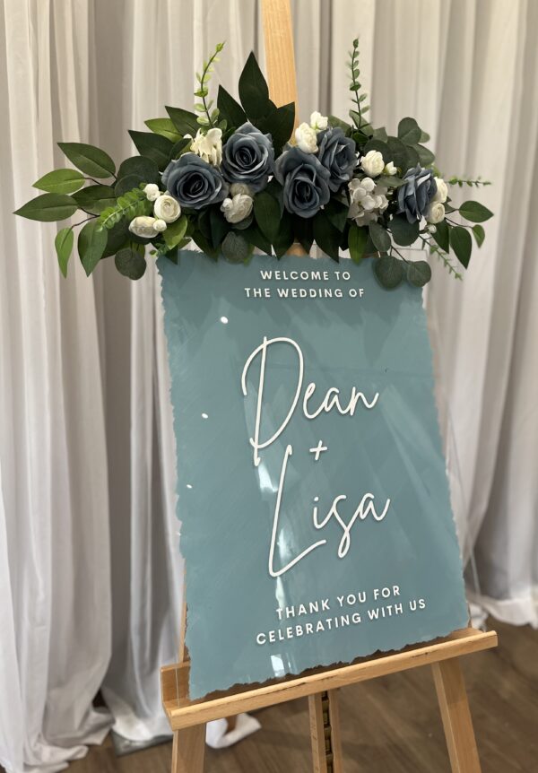 Personalized, Dusty Blue plexiglass welcome signage, silk floral easel arrangement