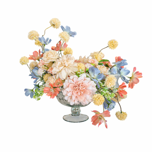 pink blue and yellow silk floral arrangement